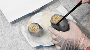 穴から出てきた水っぽい味噌を箸で取り除く