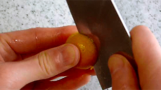 動画:皮の真中横に5〜6mm長さに切れ目を入れる様子