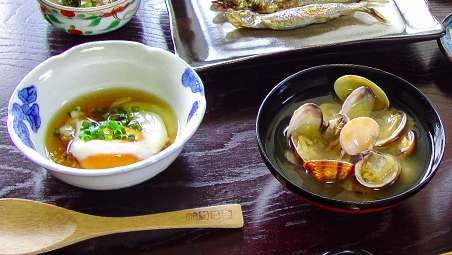 温泉卵に麺つゆや青ネギがかかっている