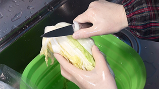味見して塩分濃度を確かめる。塩辛ければ流水にさらして塩を抜く
