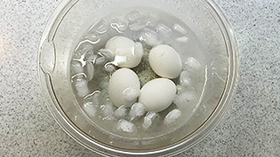 卵を氷水に入れ、2分そのまま冷やしている