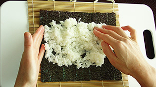 手に酢水をつけ、1/6量の寿司飯をのせて広げている